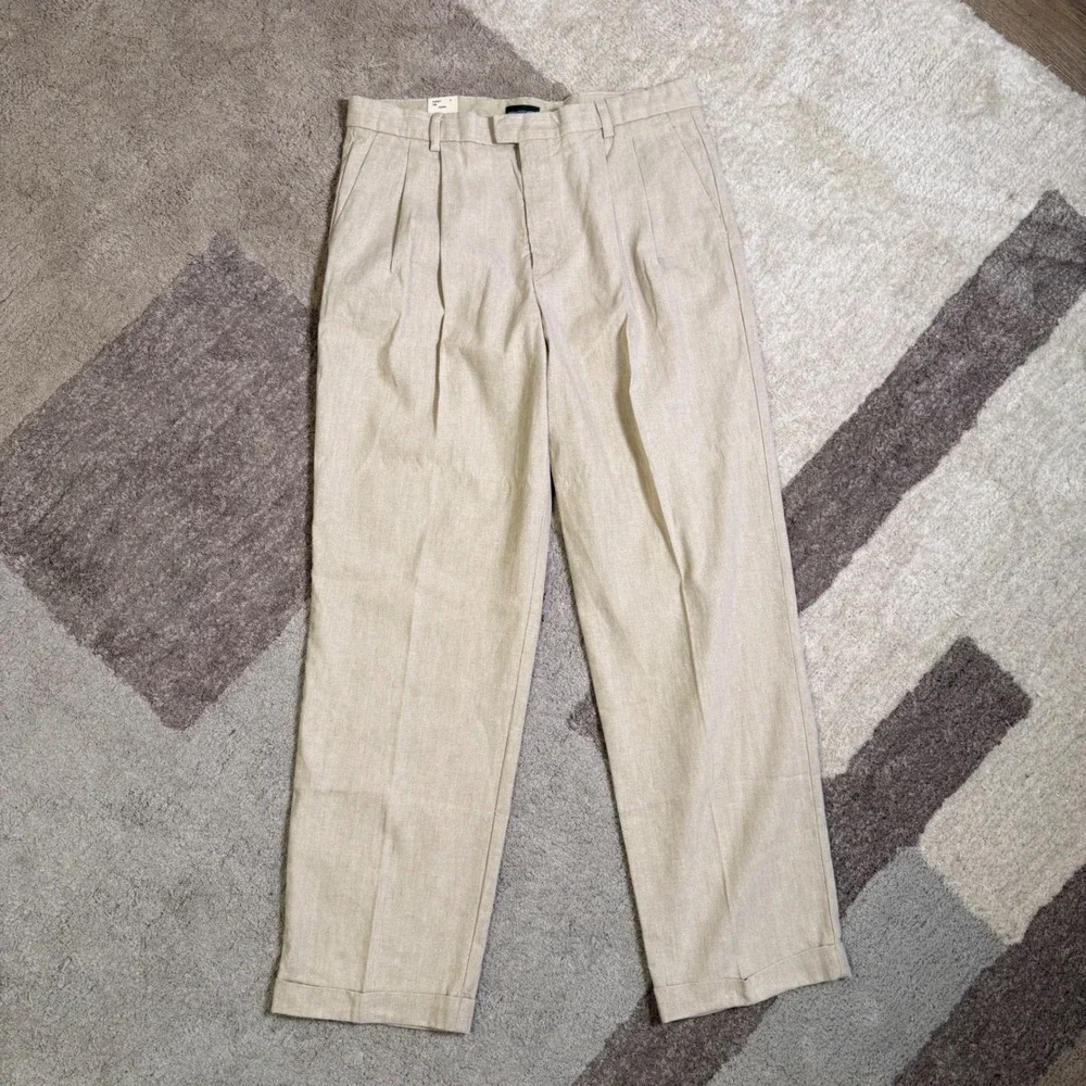 Dockers Recode Refined Linen Pants Mens 38x34 Beige Pleated Cuffed NEW